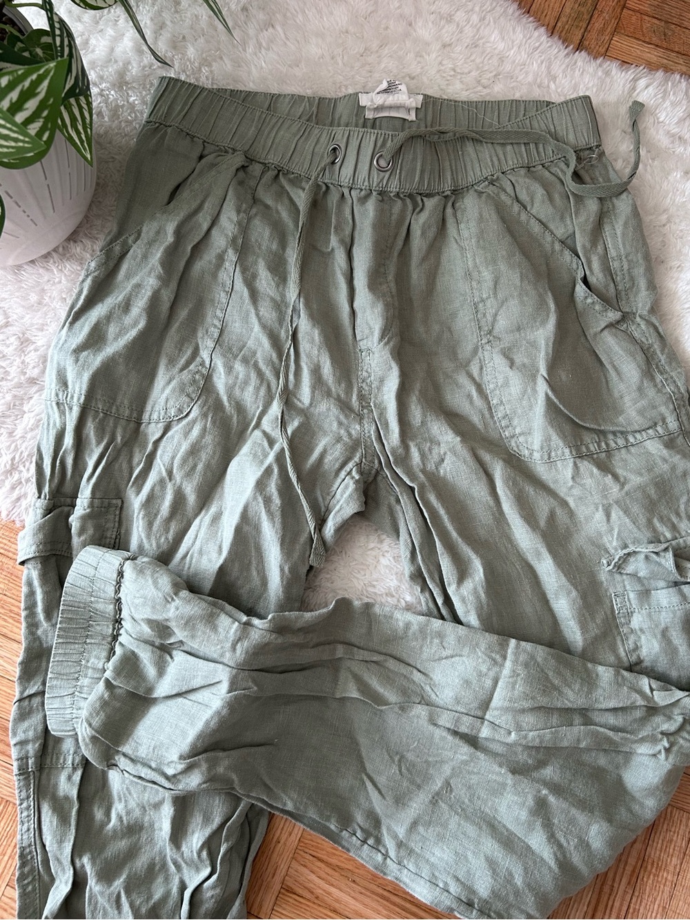 S 100% Linen - Nicole Miller Olive Sage  Cargo Pants